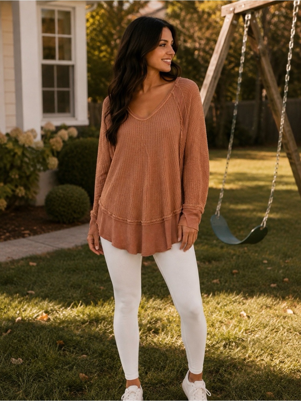 We The Free Scoop Neck Layered Waffle Pullover - Rust